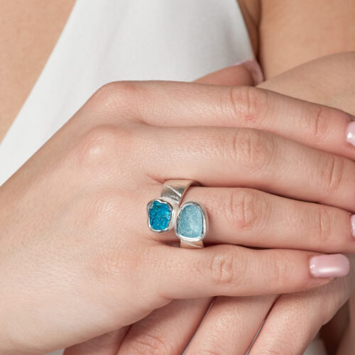 Aquamarine and Apatite Gemstone Ladies Adjustable Silver Ring