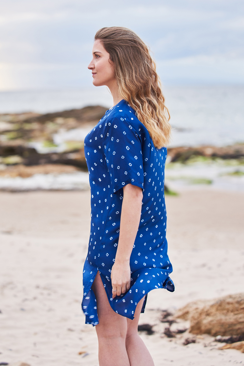 Ocean Blue Silk Shirt Dress Tunic Midi