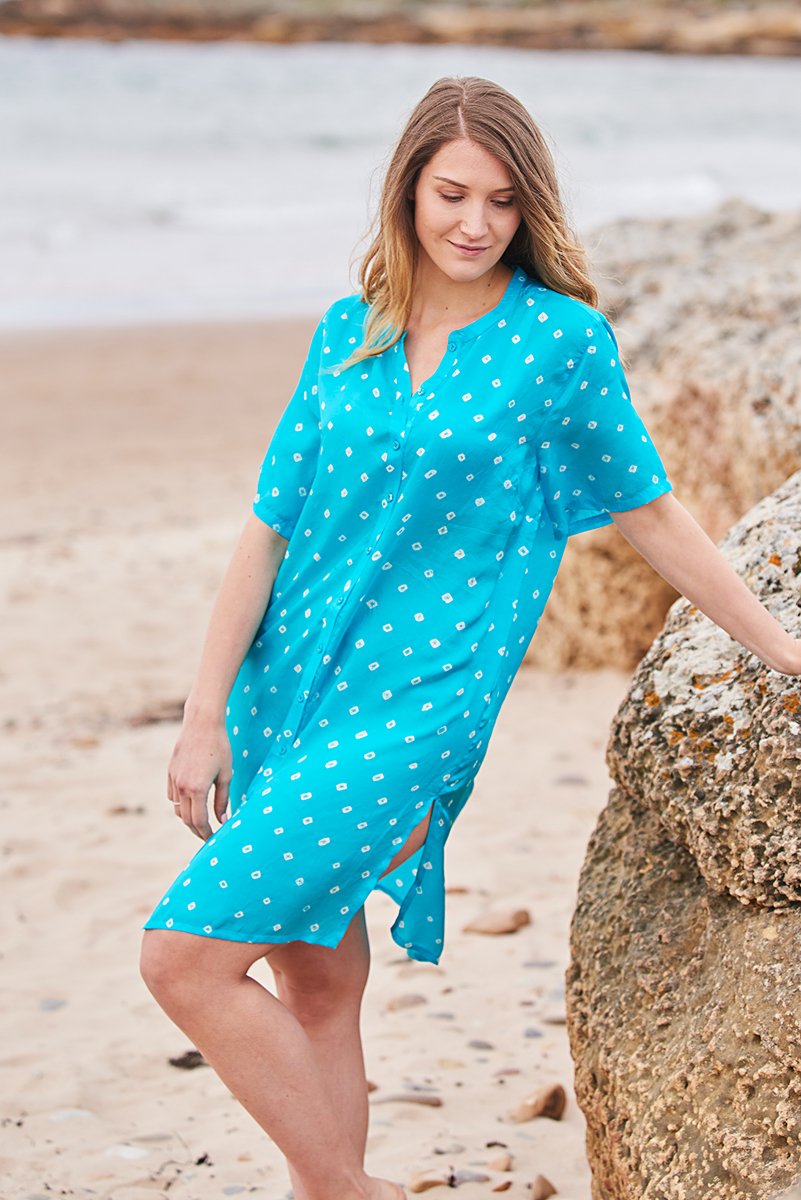 Turquoise Silk Hand Tie Dyed Shirt Dress