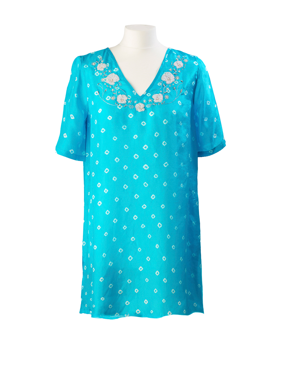 Turquoise Poppy Embroidered Silk Tunic Dress Short