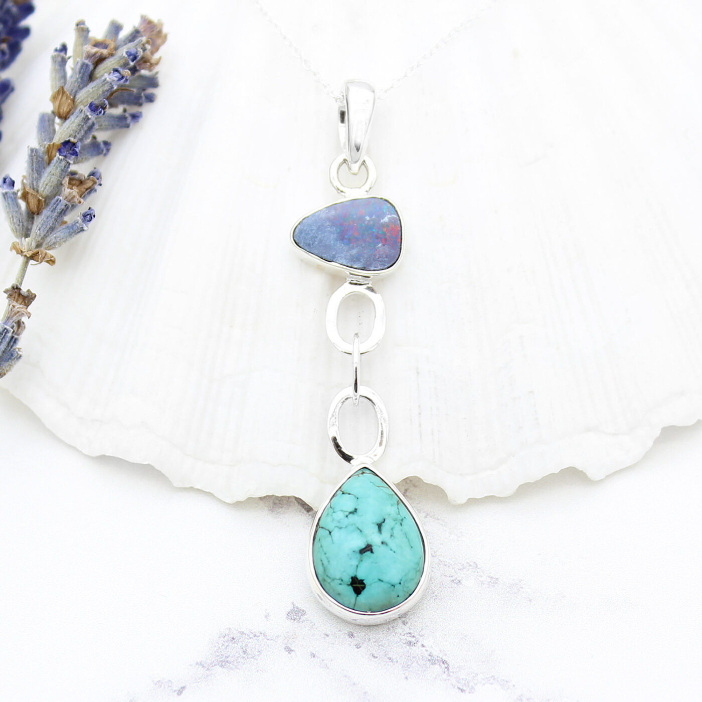 Blue Opal And Tibetan Turquoise Gemstone Silver Pendant
