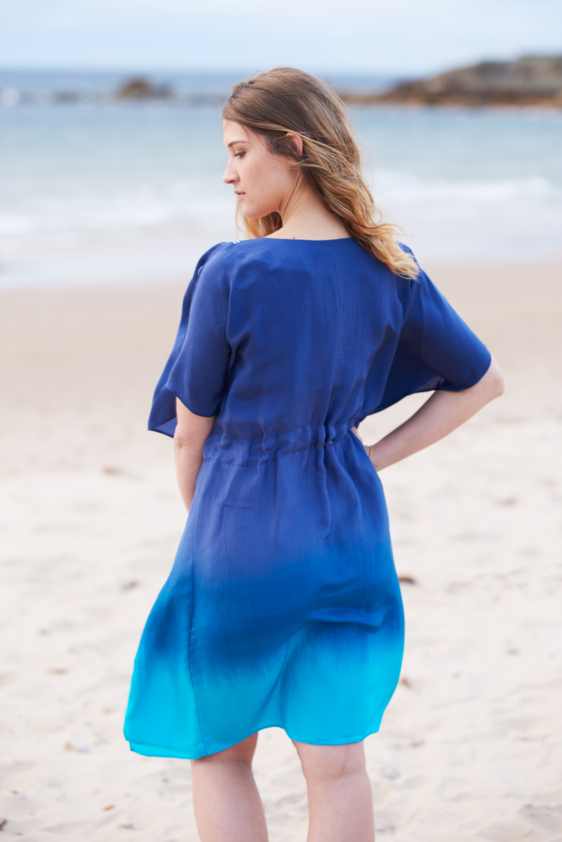 Blue Ombre Poppy Embroidered Silk Kaftan