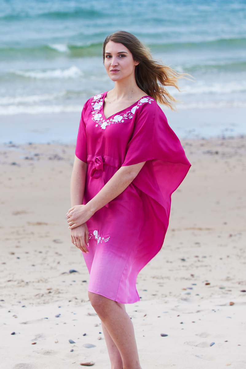 Hot Pink Ombre Poppy Embroidered Silk Kaftan