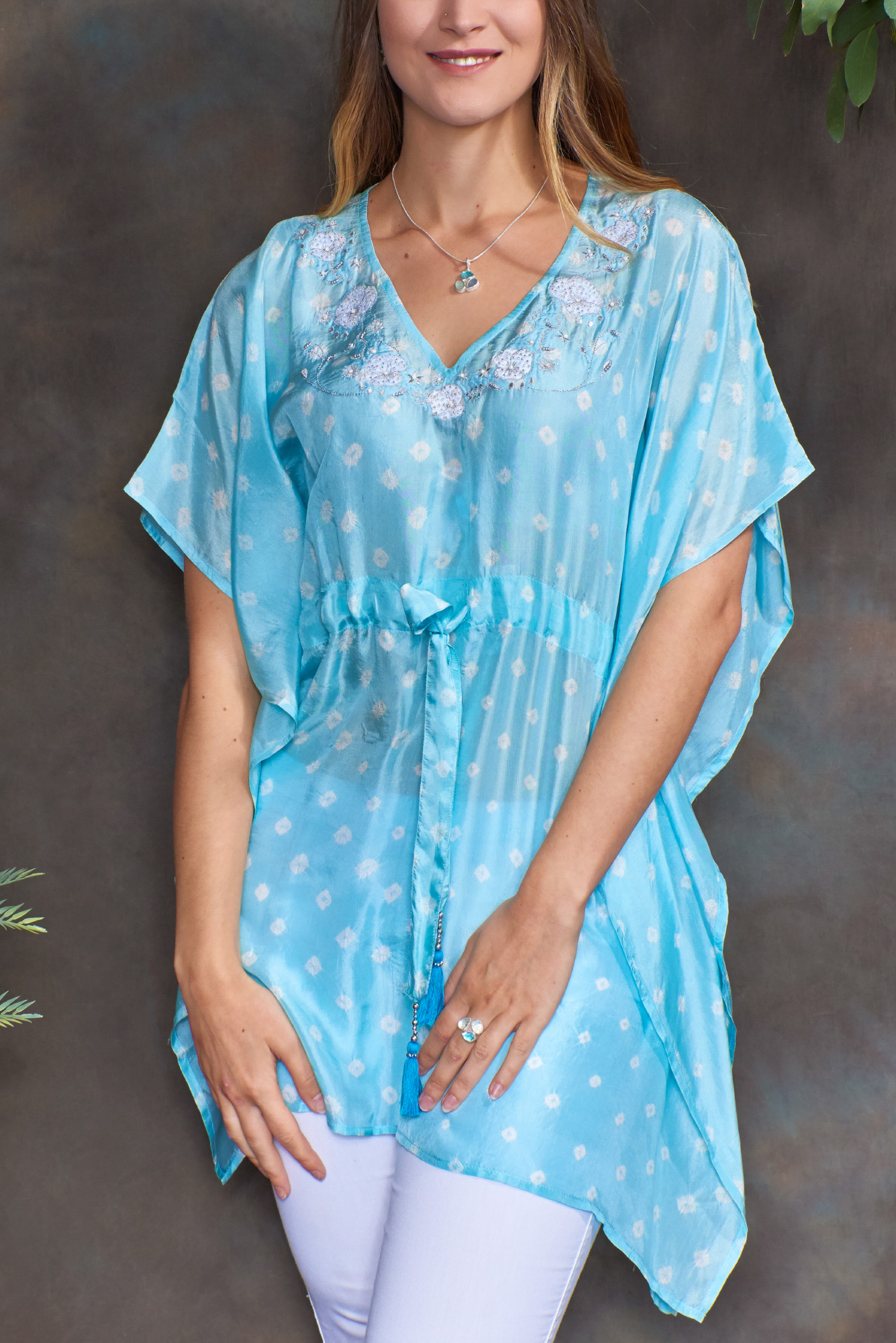 Aquamarine Blue Luxury Silk Embroidered Kaftan Tunic