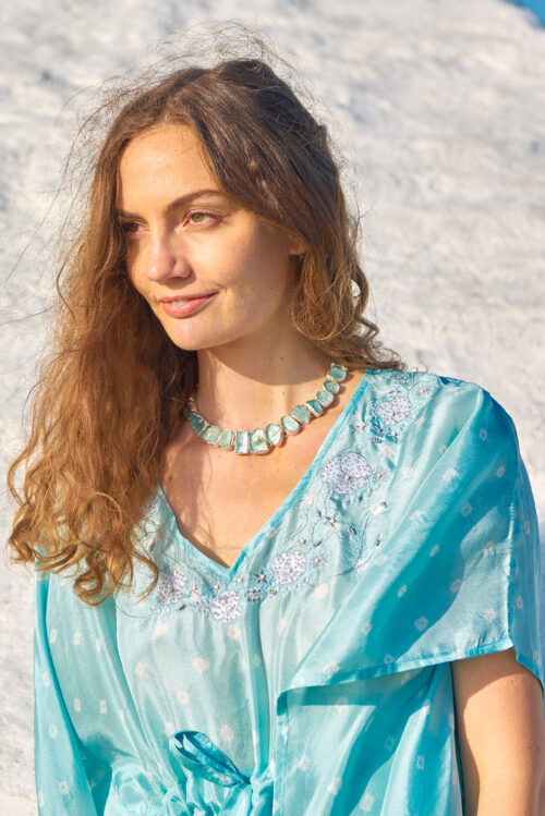 Aquamarine Blue Luxury Silk Embroidered Kaftan Dress