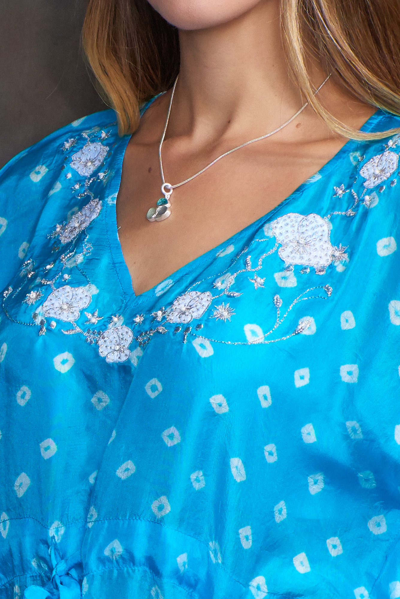 Turquoise Luxury Silk Embroidered Kaftan Top