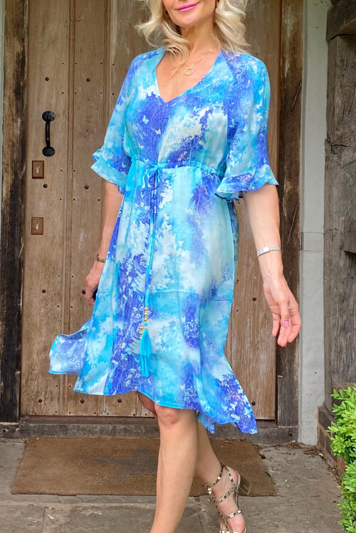 Aquamarine Blue Watercolour Print Silk Dress