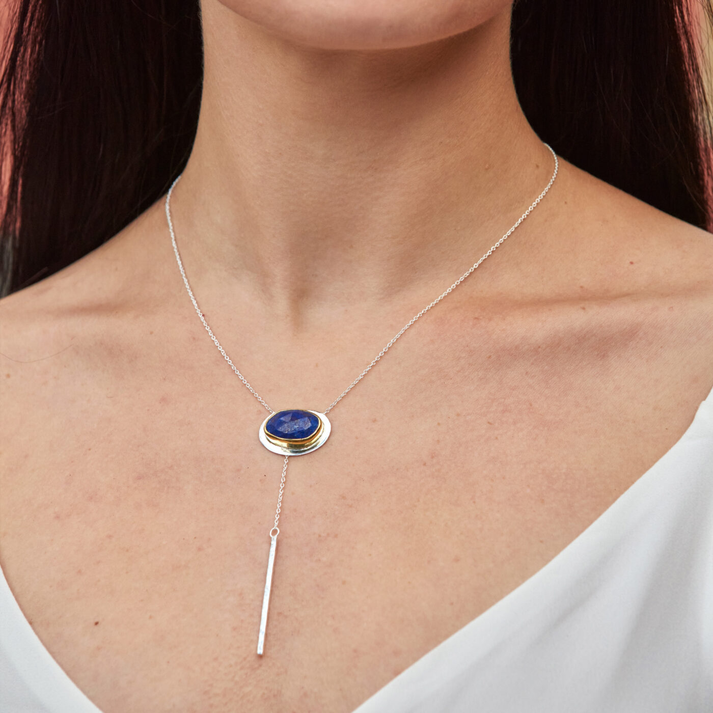 Lapis Lazuli Gemstone Sterling Silver Lariat Necklace