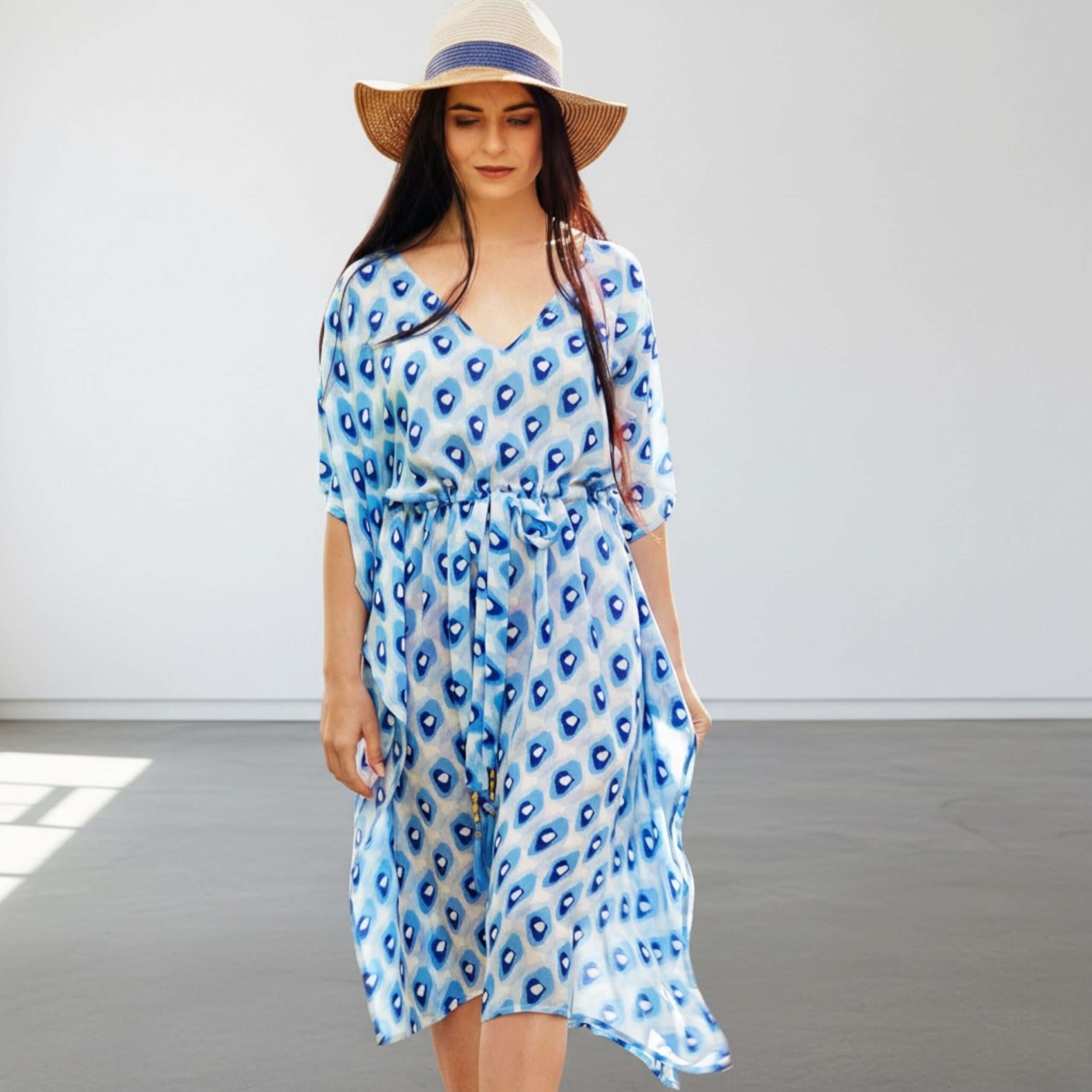 Blue Pebble Print Silk Kaftan Midi