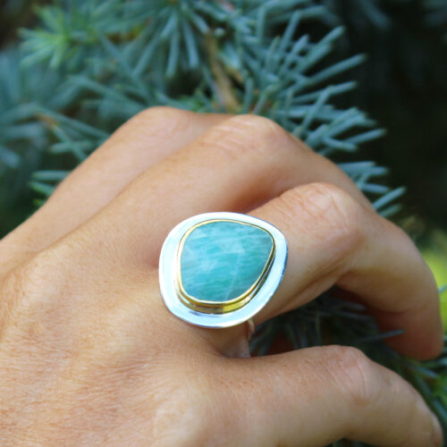 amazonite-gemstone-silver-ring-RI043-model Amazonite Gemstone Adjustable Sterling Silver Ring