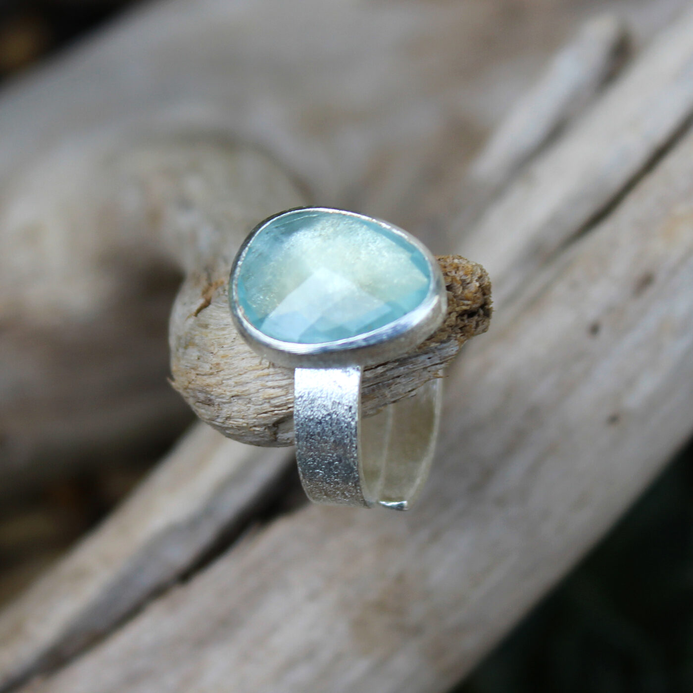 Aquamarine Rosecut Gemstone Adjustable Sterling Silver Ring