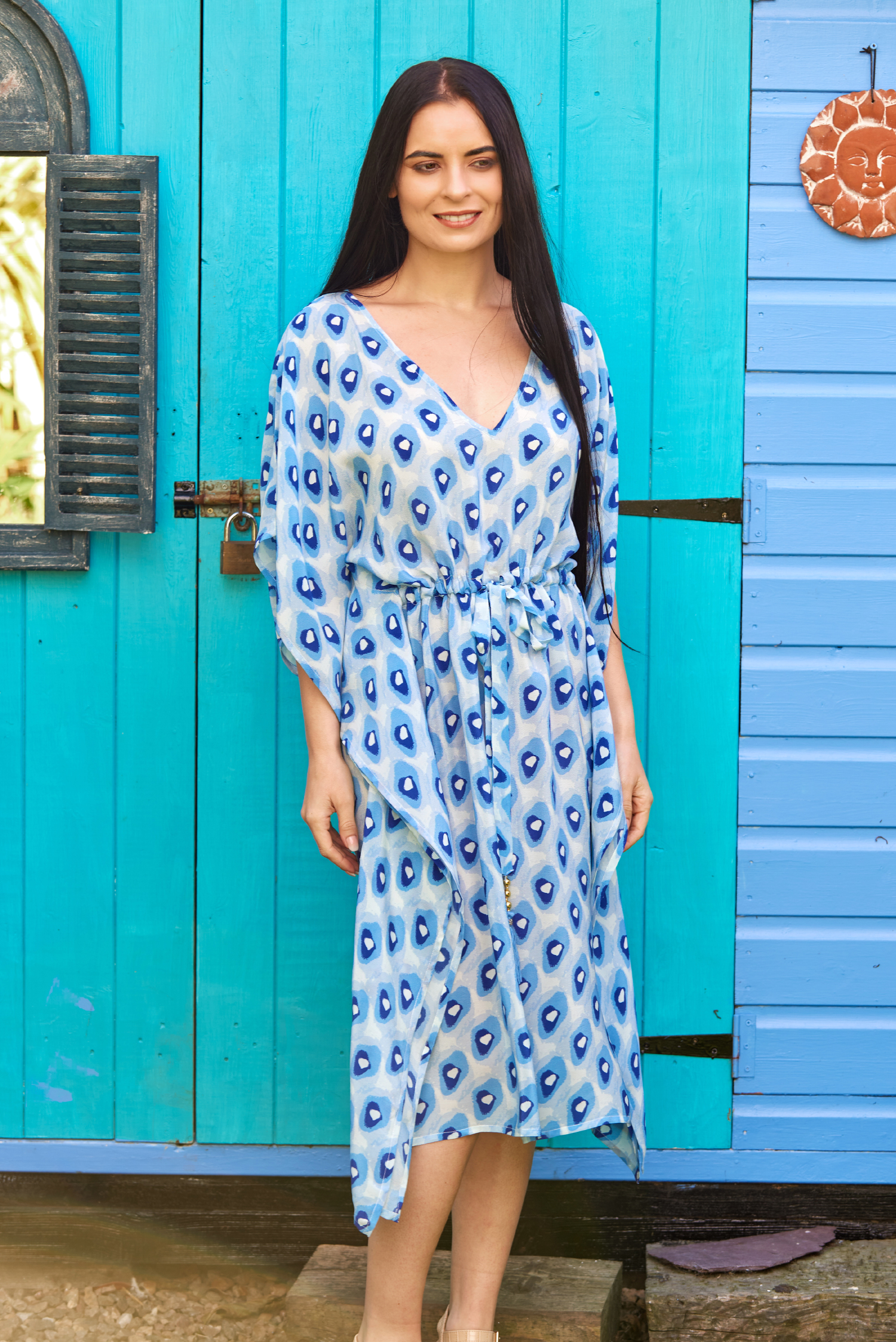 Blue Pebble Print Silk Kaftan Midi