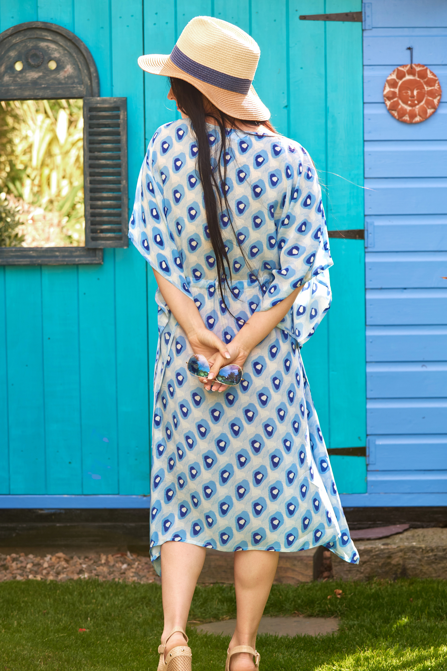 Blue Pebble Print Silk Kaftan Midi