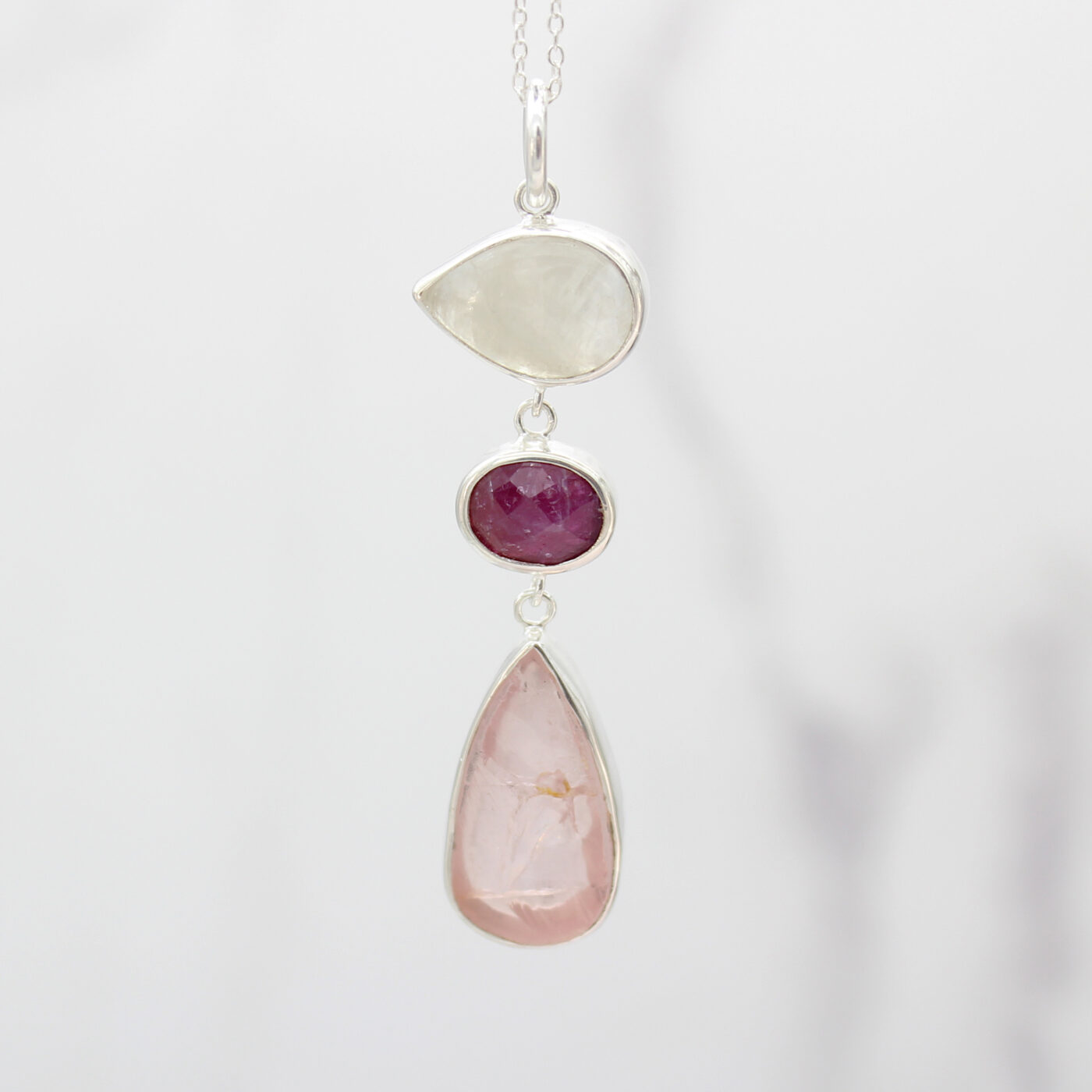 Ruby, Moonstone & Rose Quartz Gemstone Silver Pendant