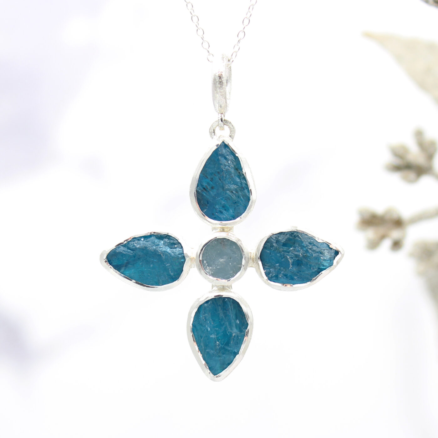Handmade Apatite & Aquamarine Gemstone Flower Ladies Pendant