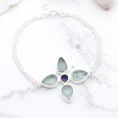 Handmade Aquamarine & Tanzanite Gemstone Flower Sterling Silver Bracelet