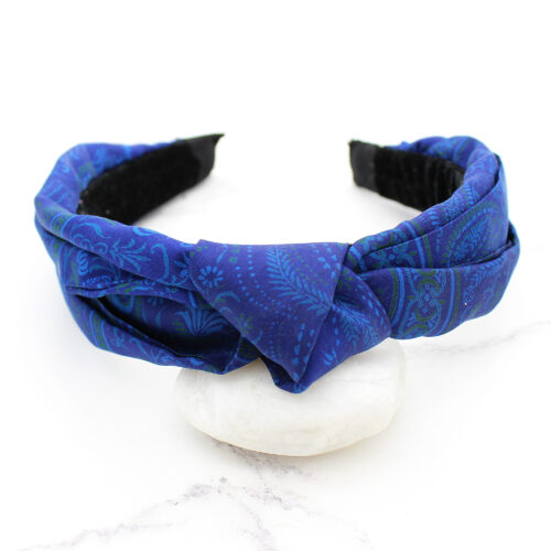Navy Blue Print Silk Sari Upcycled Ladies Headband