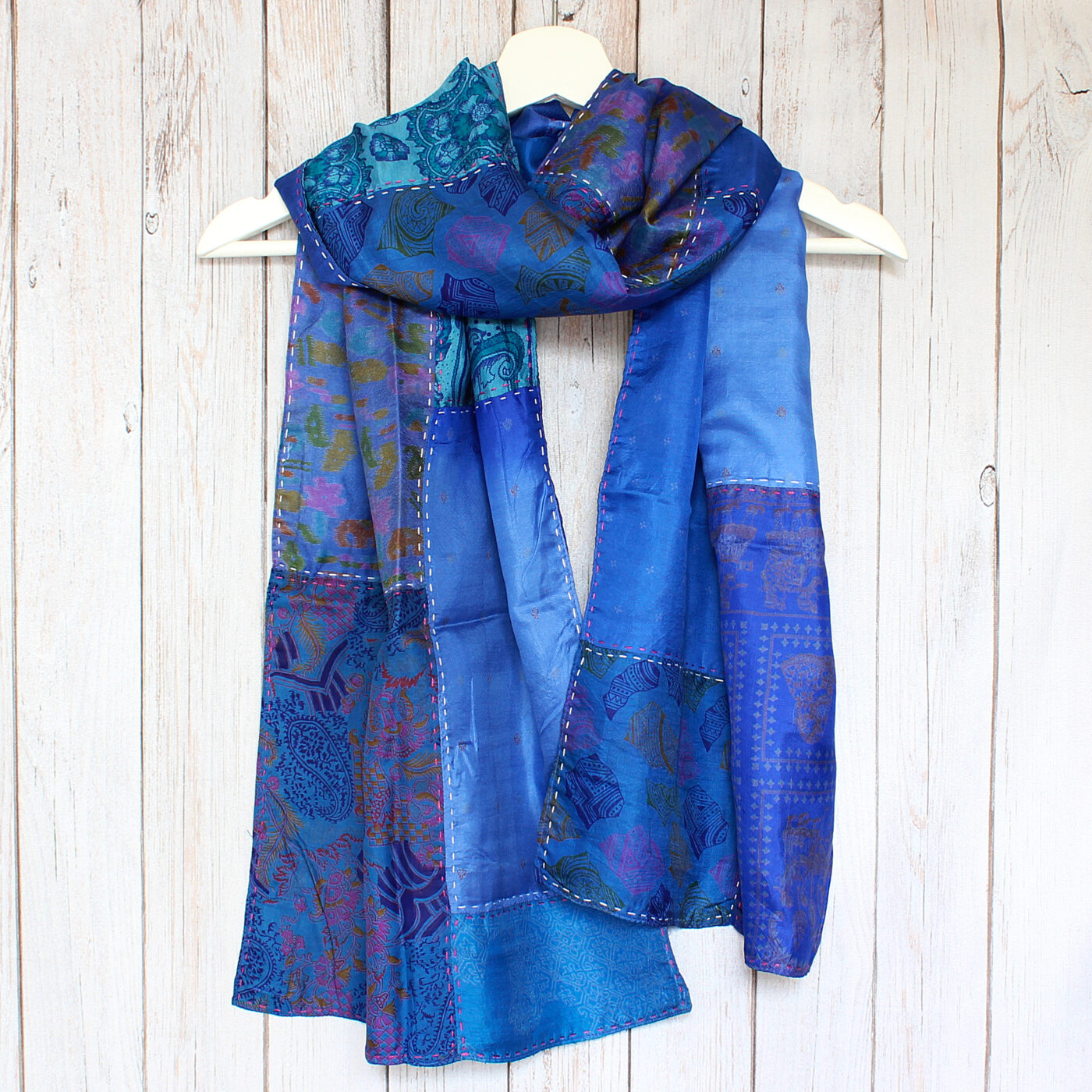 Blue Kantha Handstitched Recycled Silk Scarf
