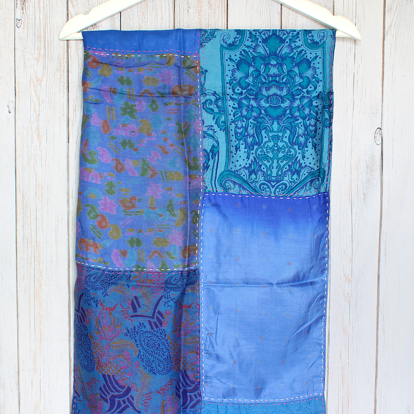 Blue Kantha Handstitched Recycled Silk Scarf