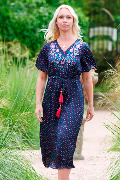 Liana Embroidered Dress in Navy Dot