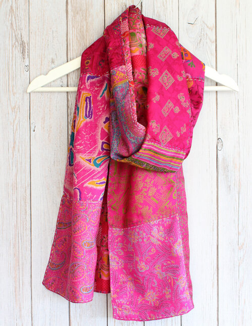 Pink Kantha Handstitched Recycled Silk Scarf