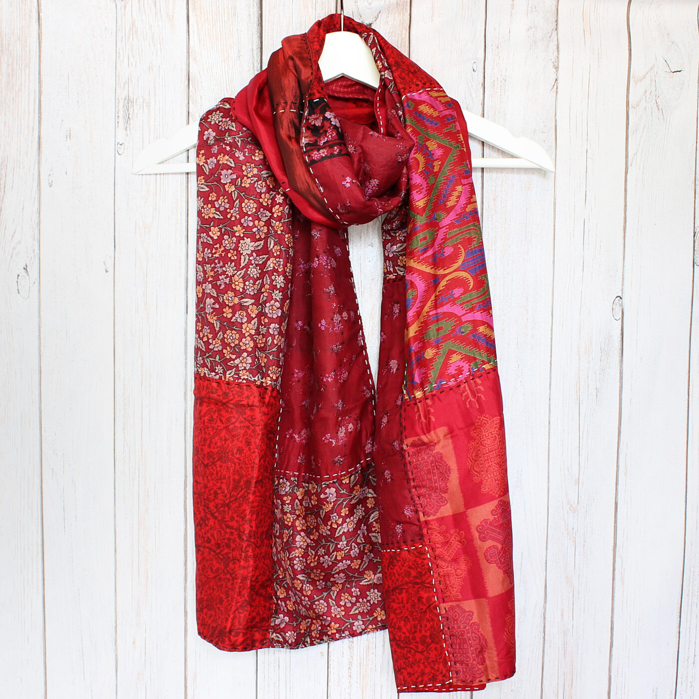 Red Kantha Handstitched Recycled Silk Scarf