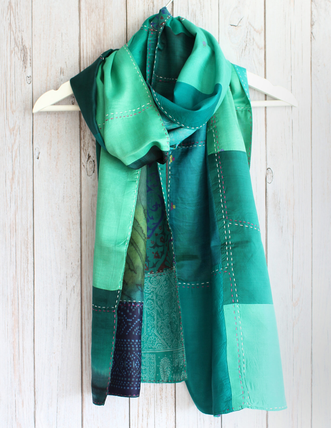 Green Kantha Handstitched Recycled Silk Scarf