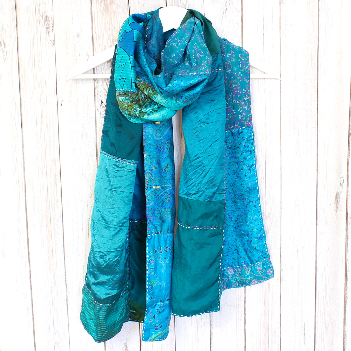Teal Blue Kantha Handstitched Recycled Silk Scarf