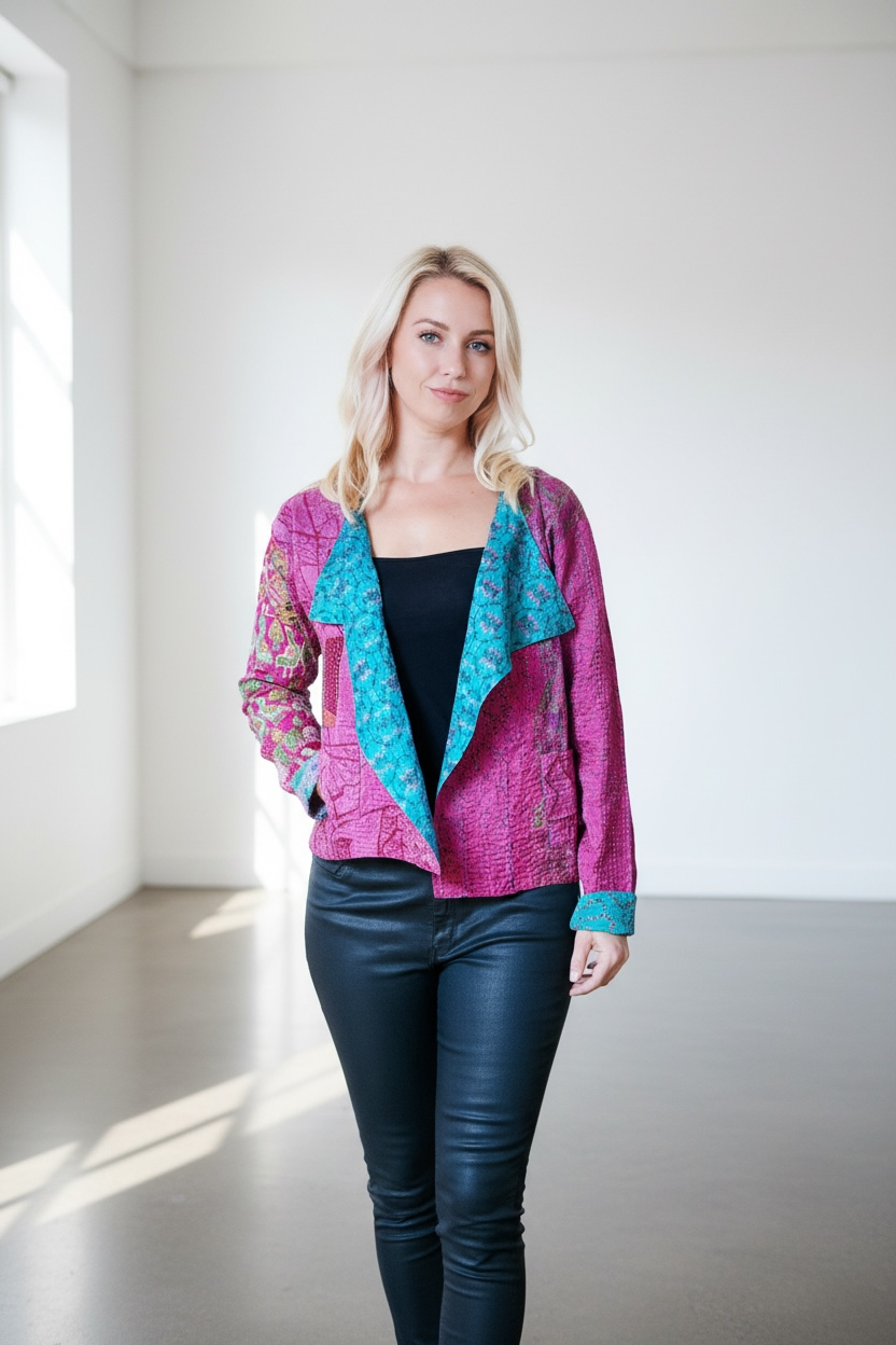 Pink & Green Kantha Hand Stitched Silk Sari Ladies Jacket