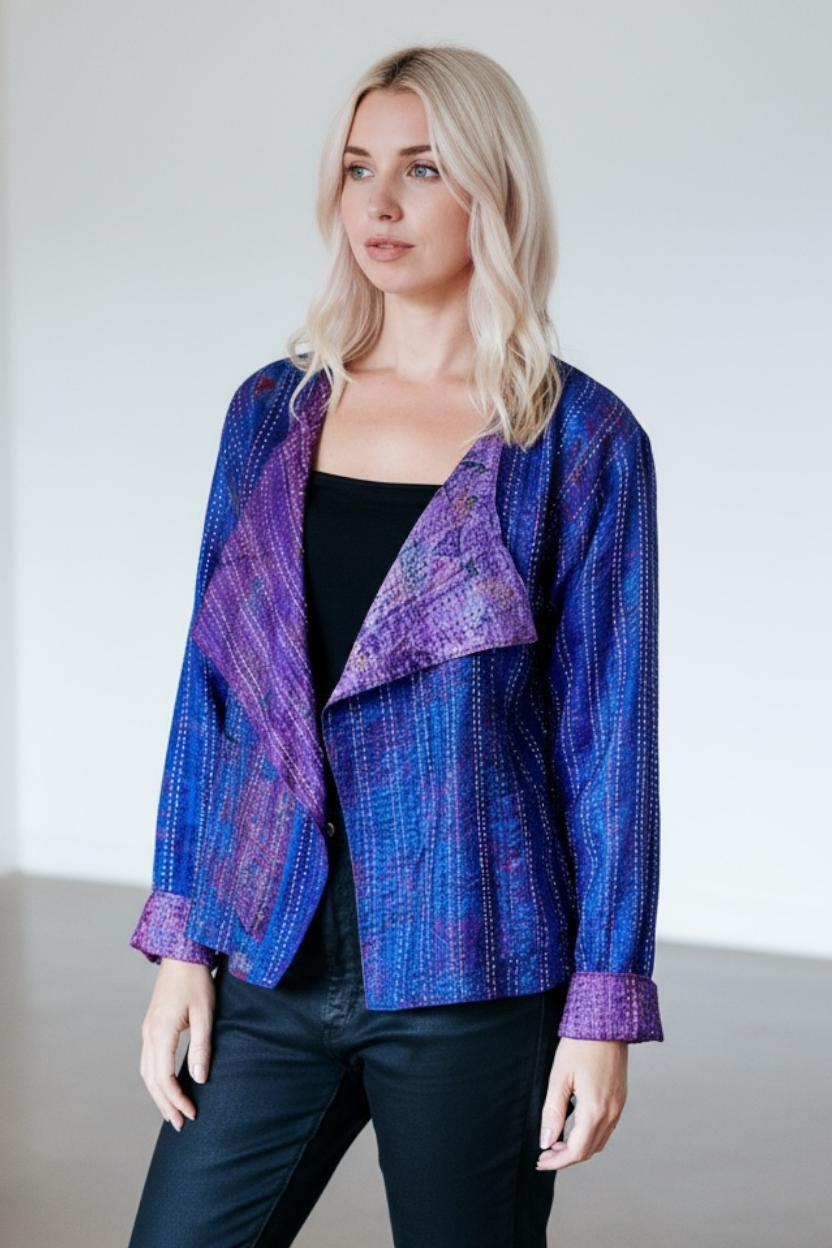 Purple Kantha Hand Stitched Silk Sari Ladies Jacket