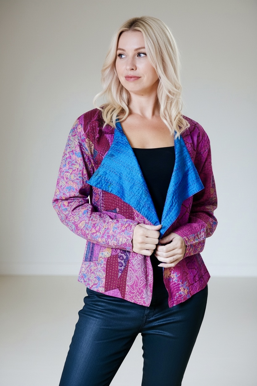 Pink & Blue Kantha Hand Stitched Silk Sari Ladies Jacket