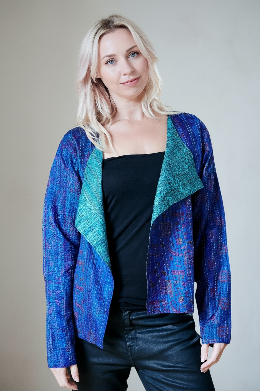 Blue & Green Kantha Hand Stitched Silk Sari Ladies Jacket