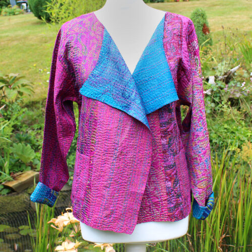 Pink & Blue Kantha Hand Stitched Silk Sari Ladies Jacket