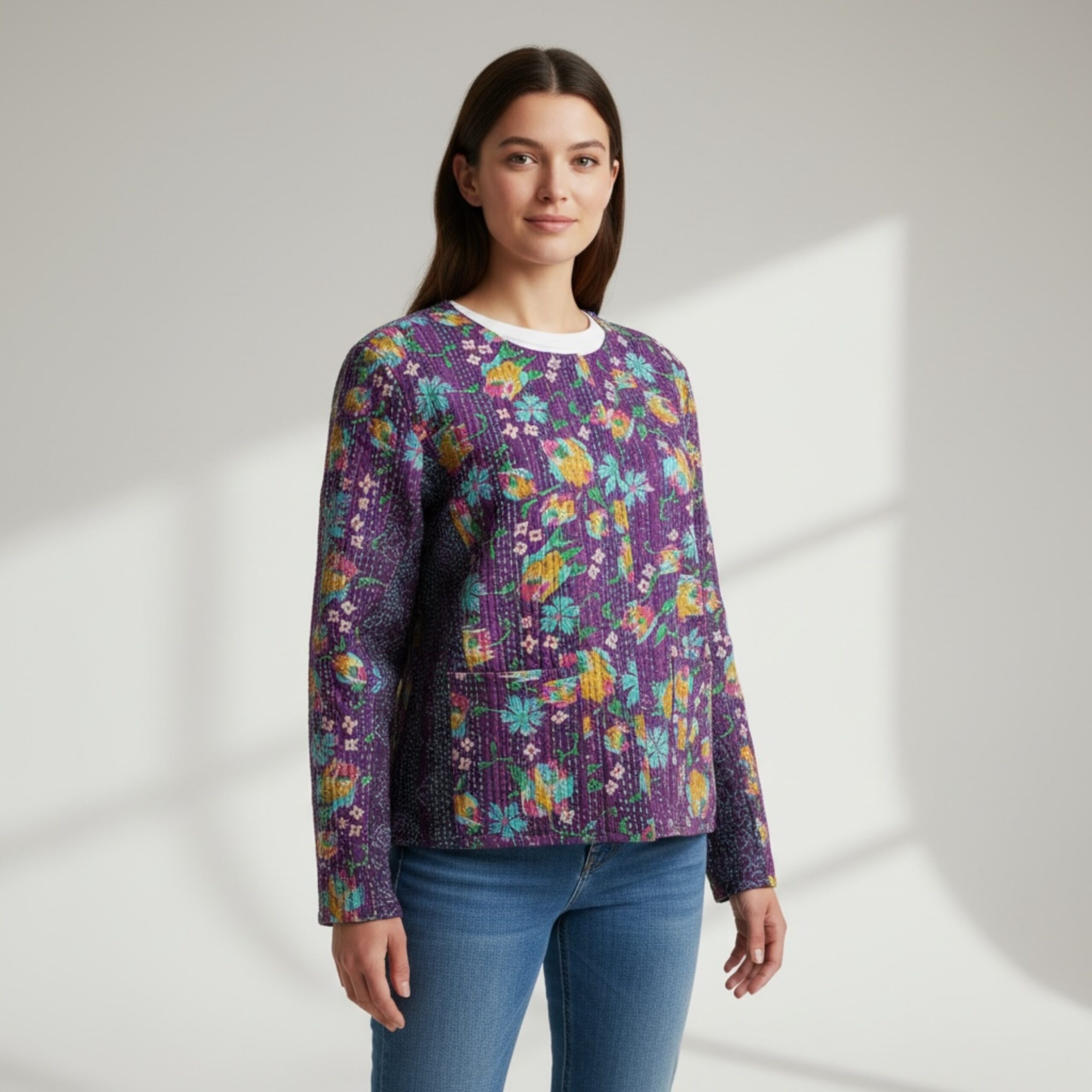 Hana Silk Kantha Hand Stitched Ladies Jacket 05