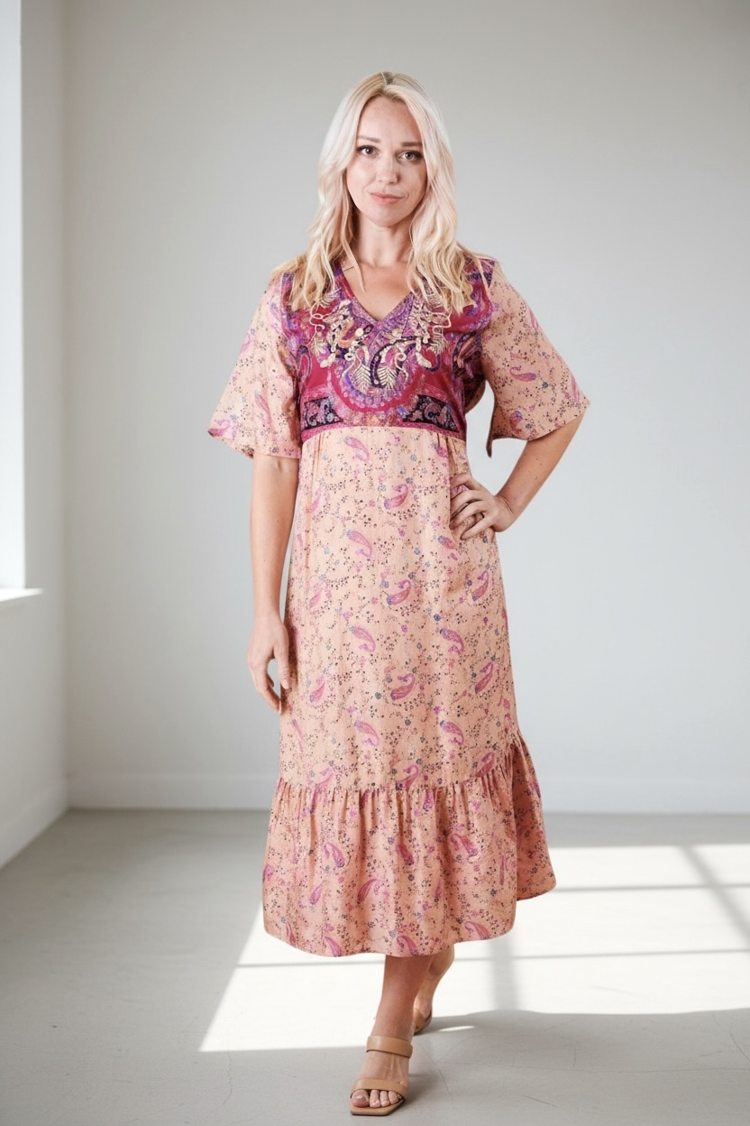 Zaria Silk Print Embroidered Dress 02