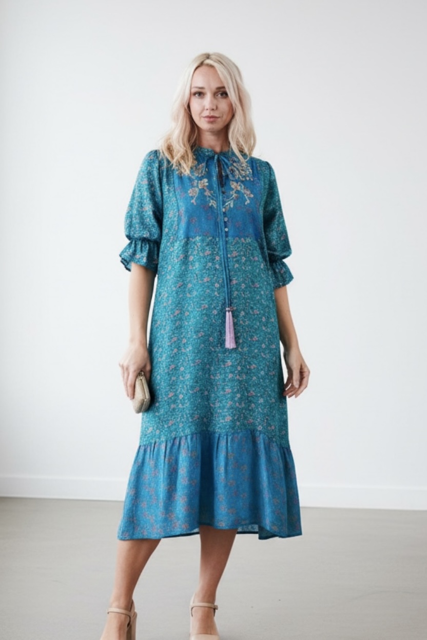 Yasmin Silk Print Embroidered Dress 07