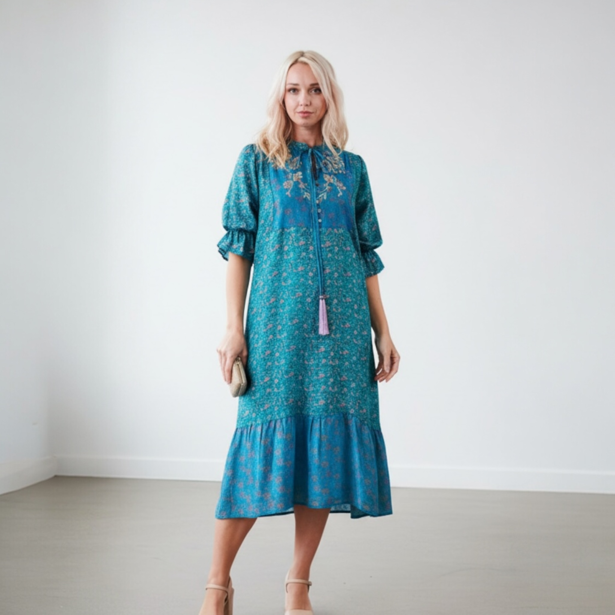 Yasmin Silk Print Embroidered Dress 07