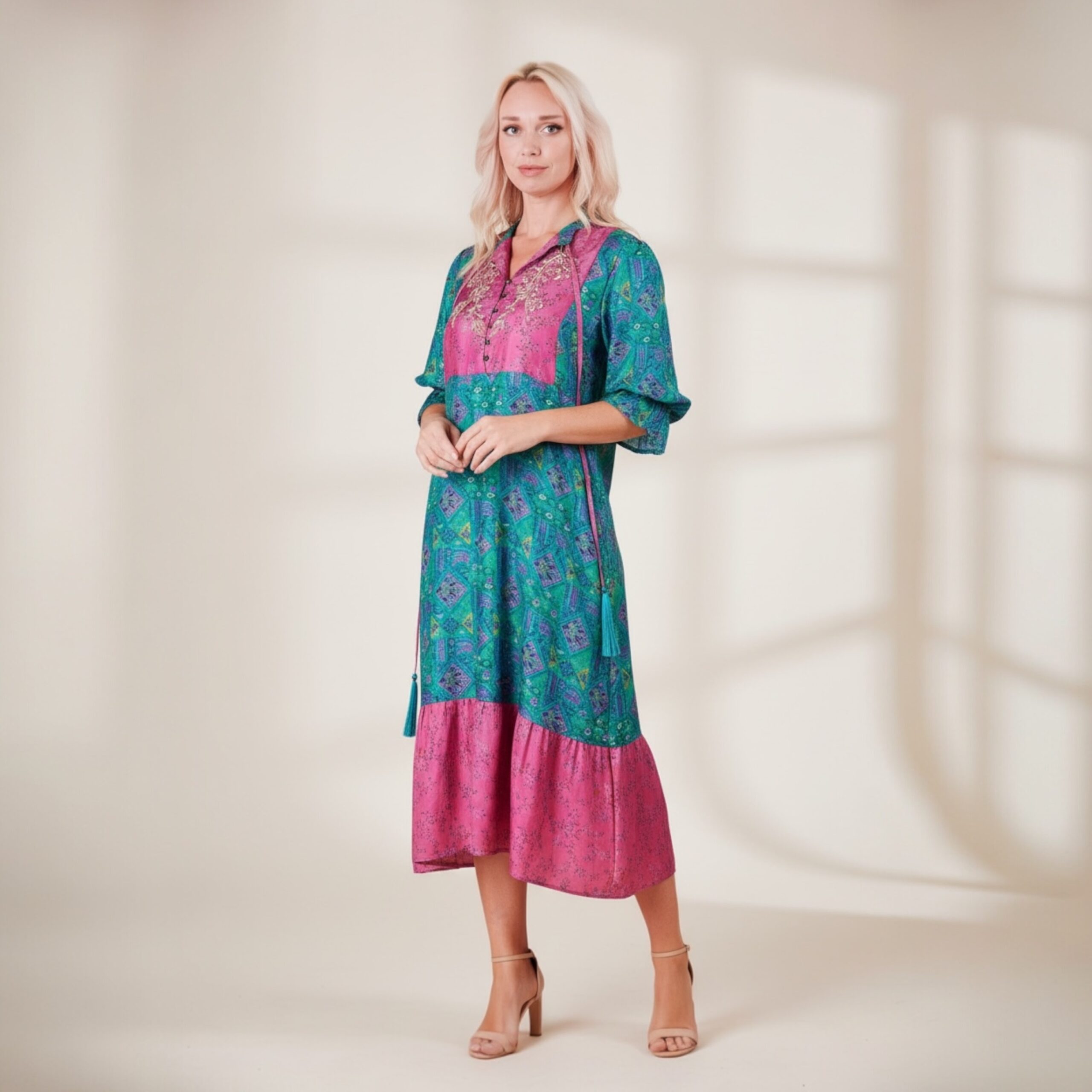 Yasmin Silk Print Embroidered Dress 04