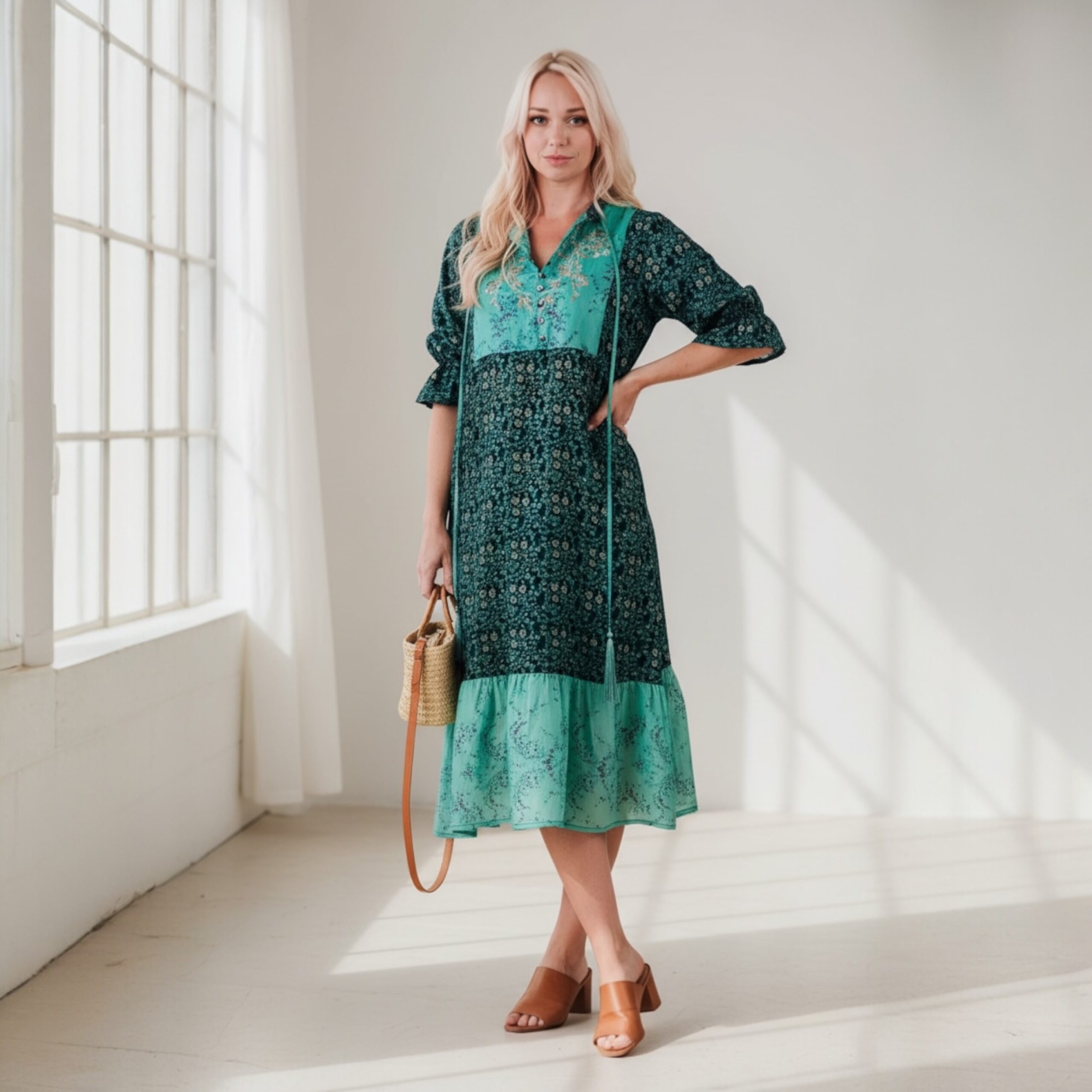 Yasmin Silk Print Embroidered Dress 11