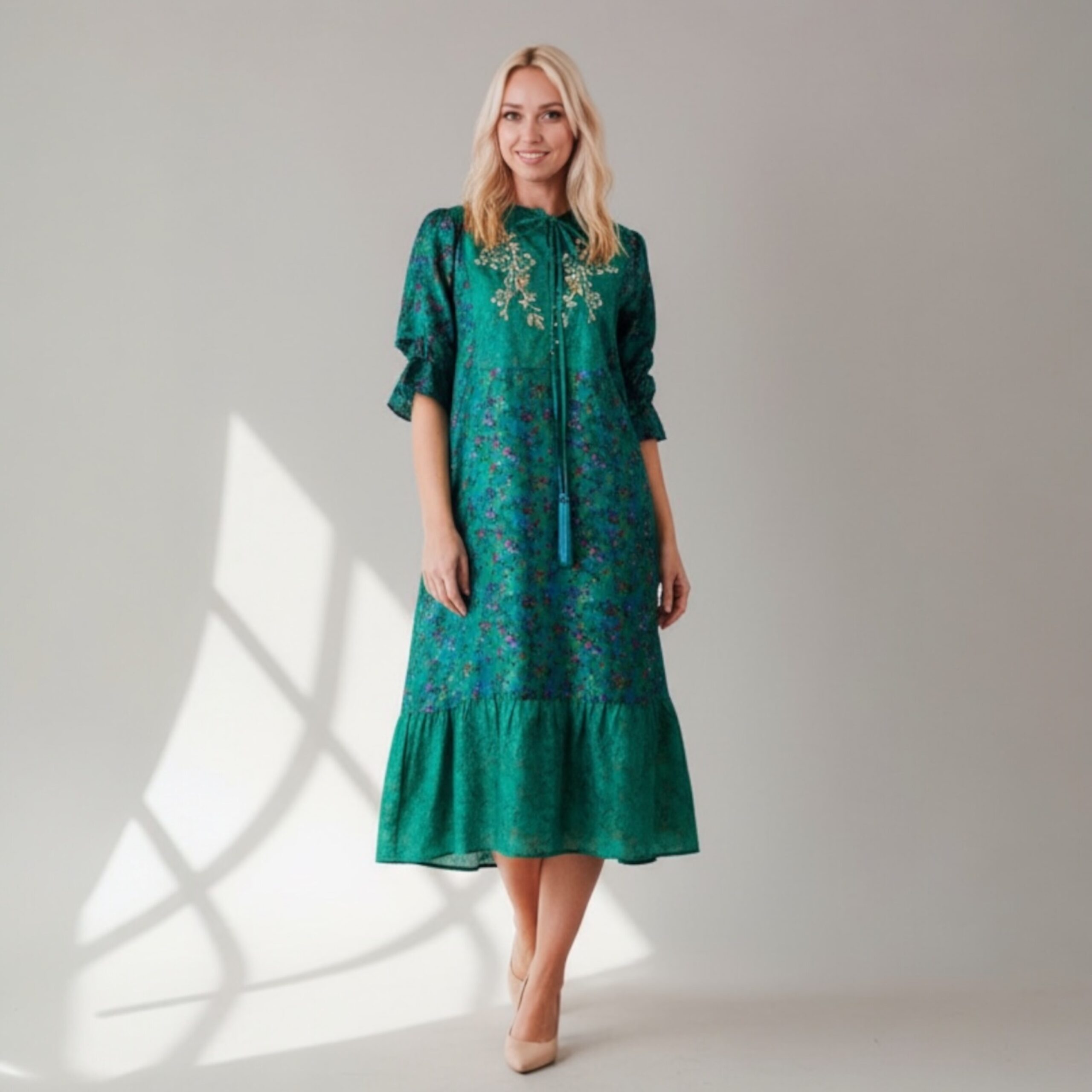 Yasmin Silk Print Embroidered Dress 09