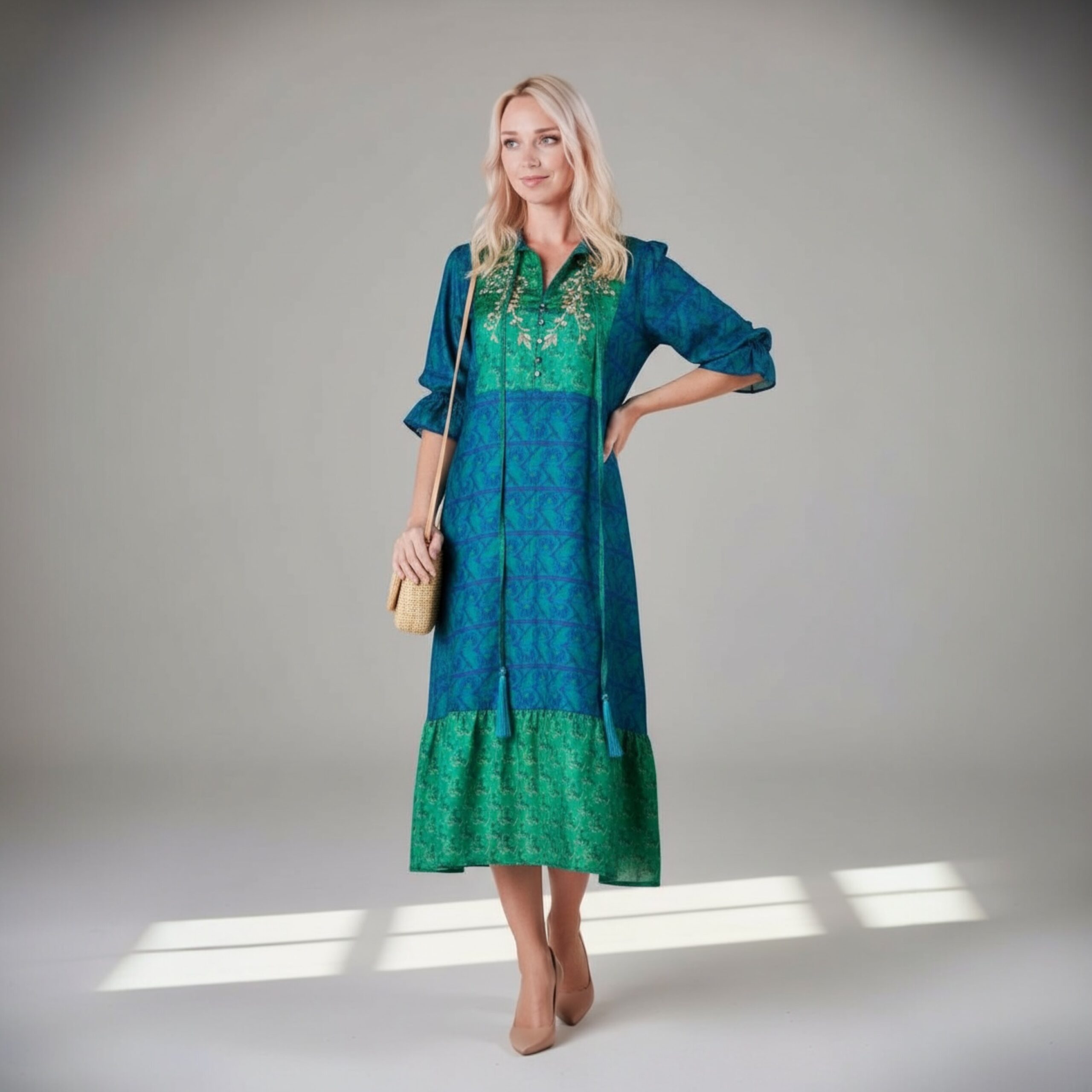 Yasmin Silk Print Embroidered Dress 10