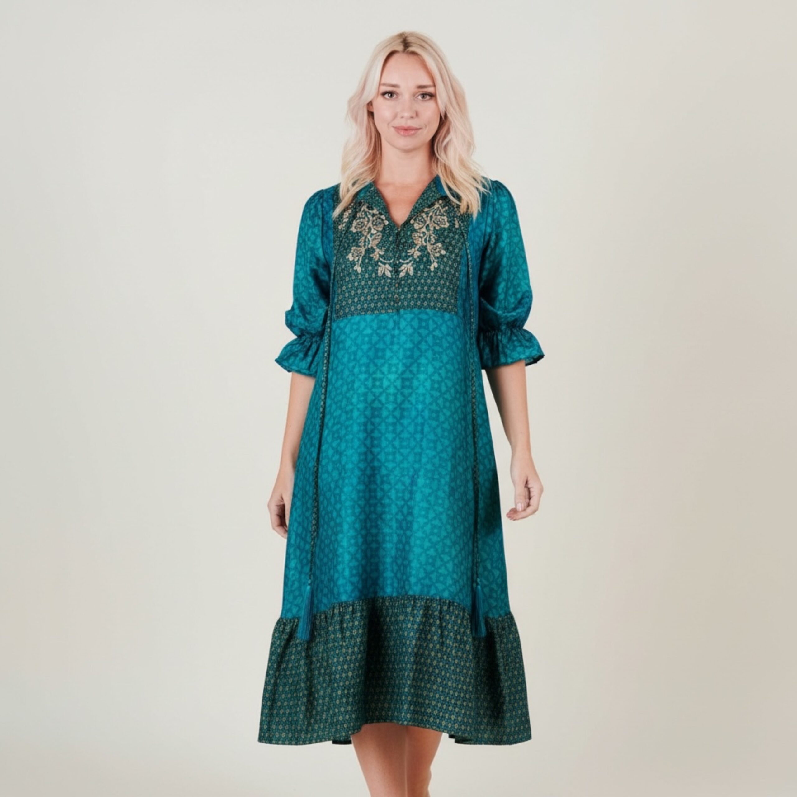 Yasmin Silk Print Embroidered Dress 14