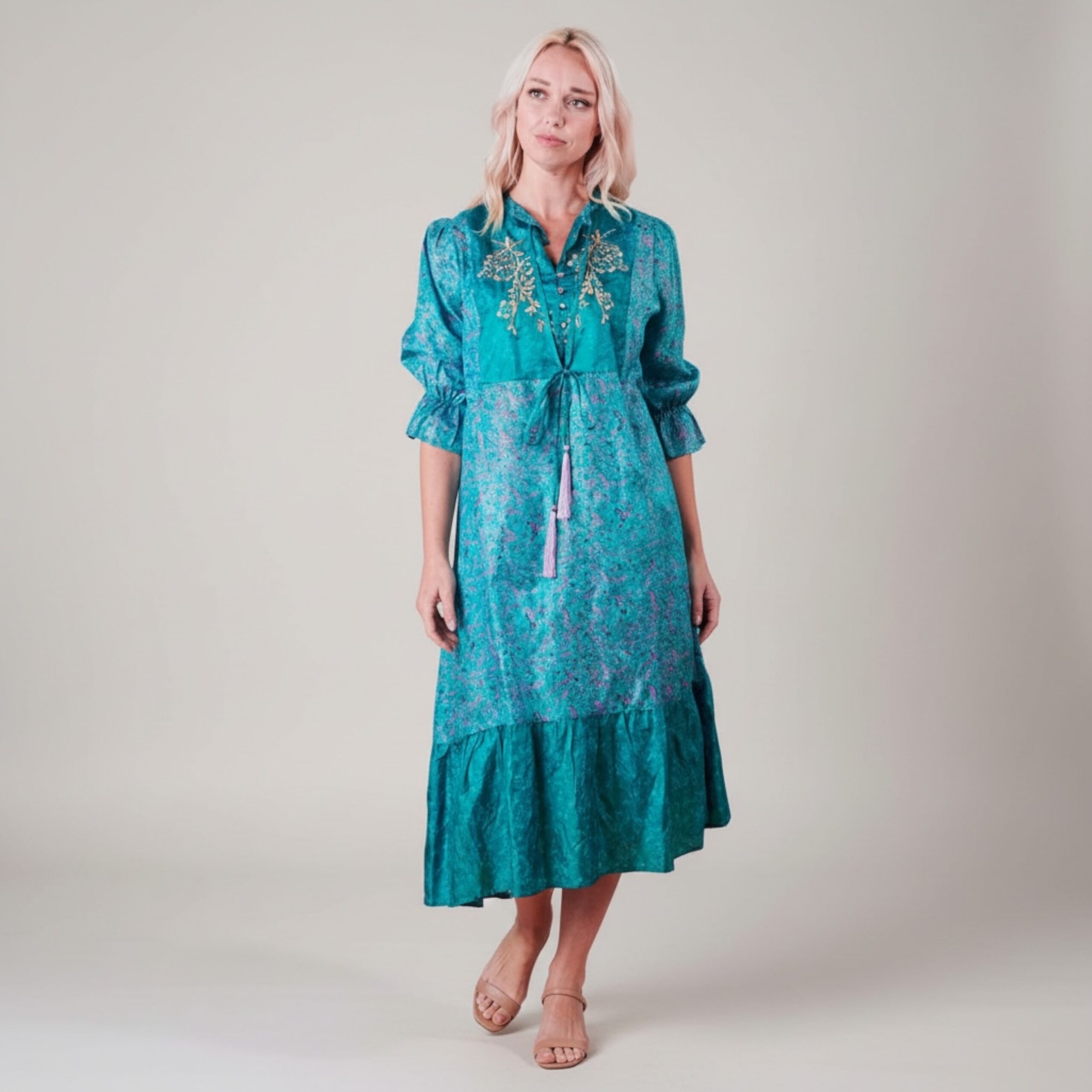 Yasmin Silk Print Embroidered Dress 15