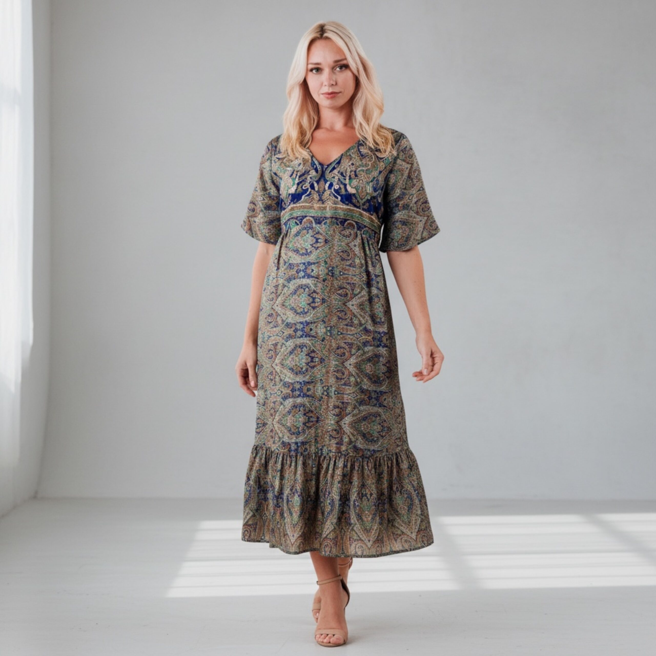 Zaria Silk Print Embroidered Dress 05