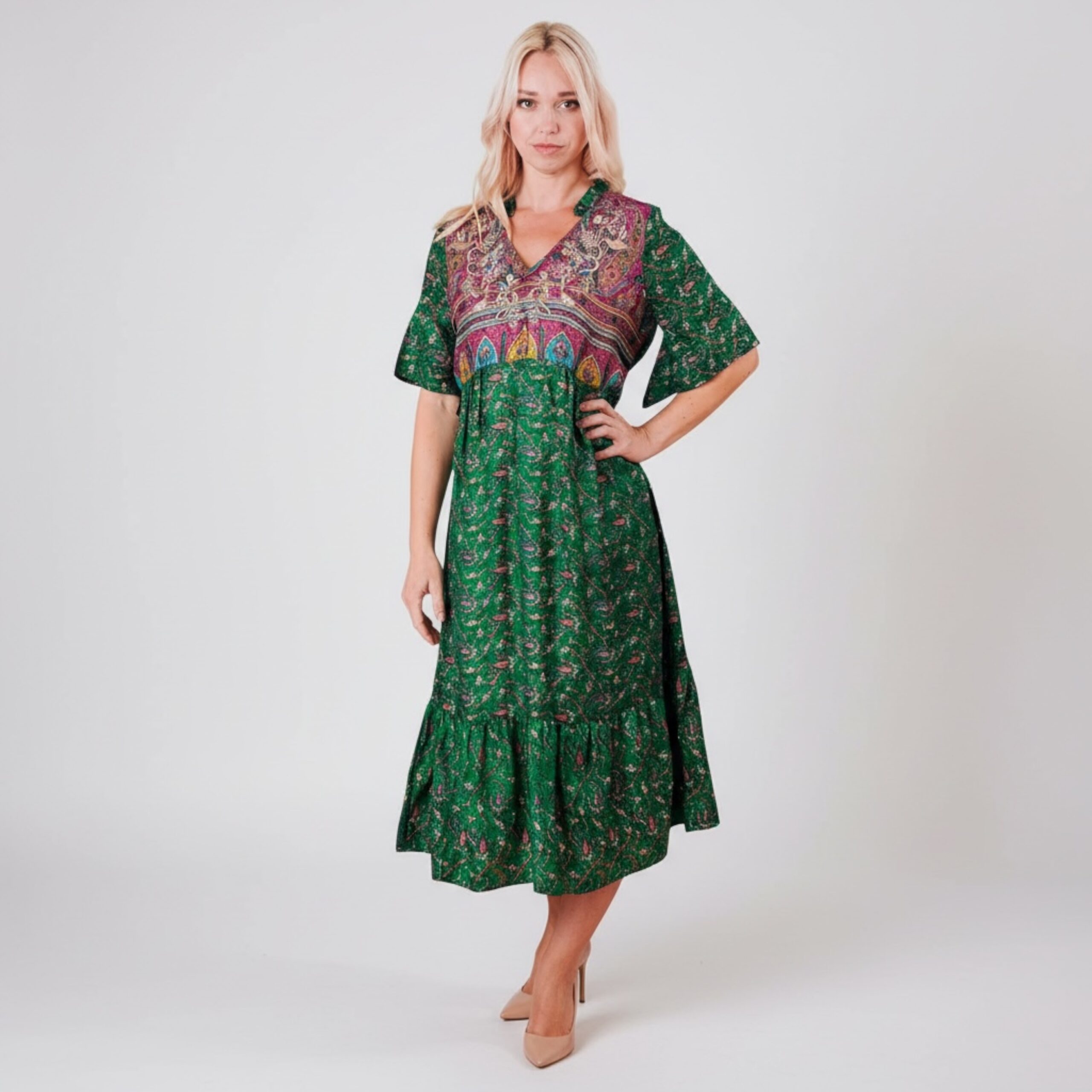 Zaria Silk Print Embroidered Dress 10