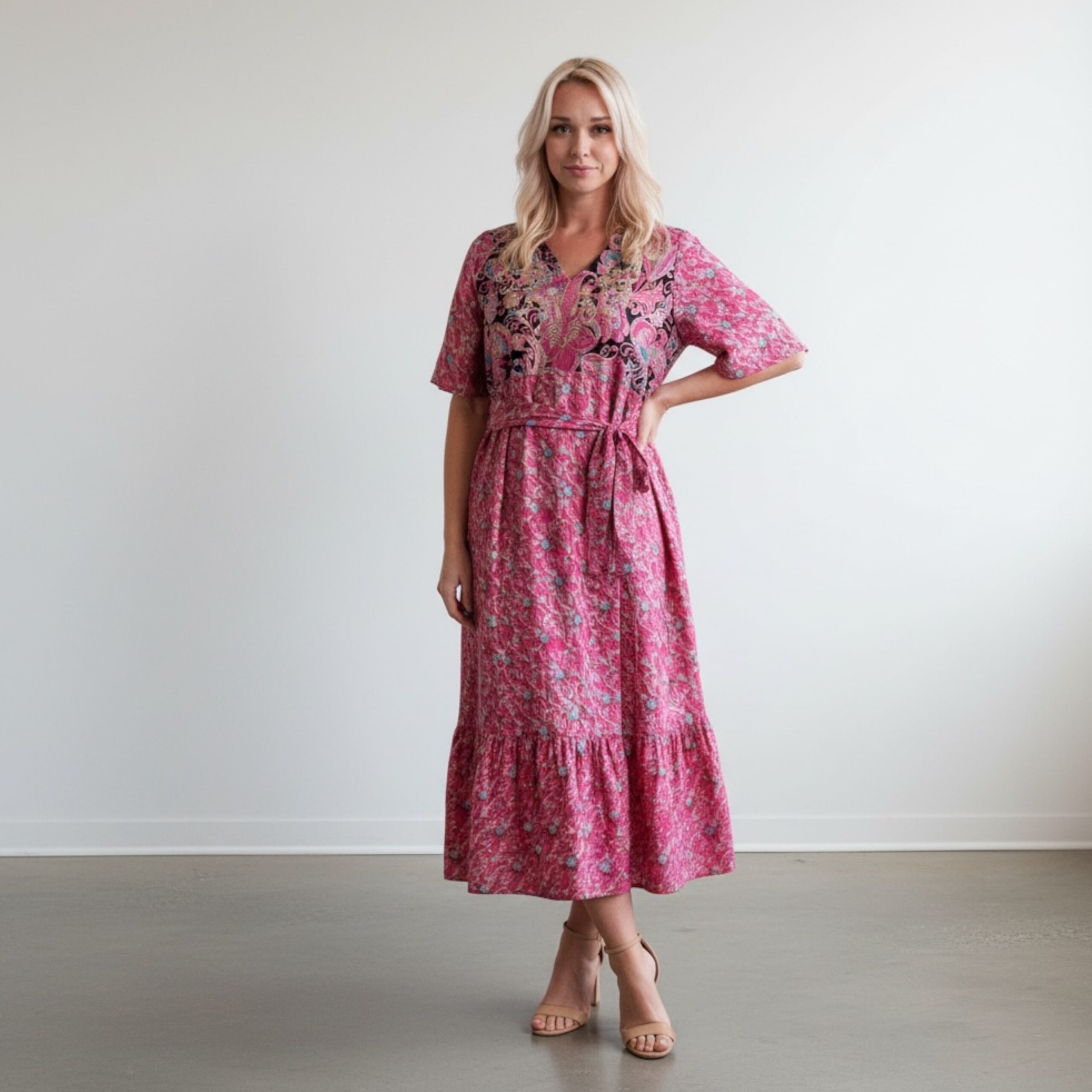 Zaria Silk Print Embroidered Dress 01