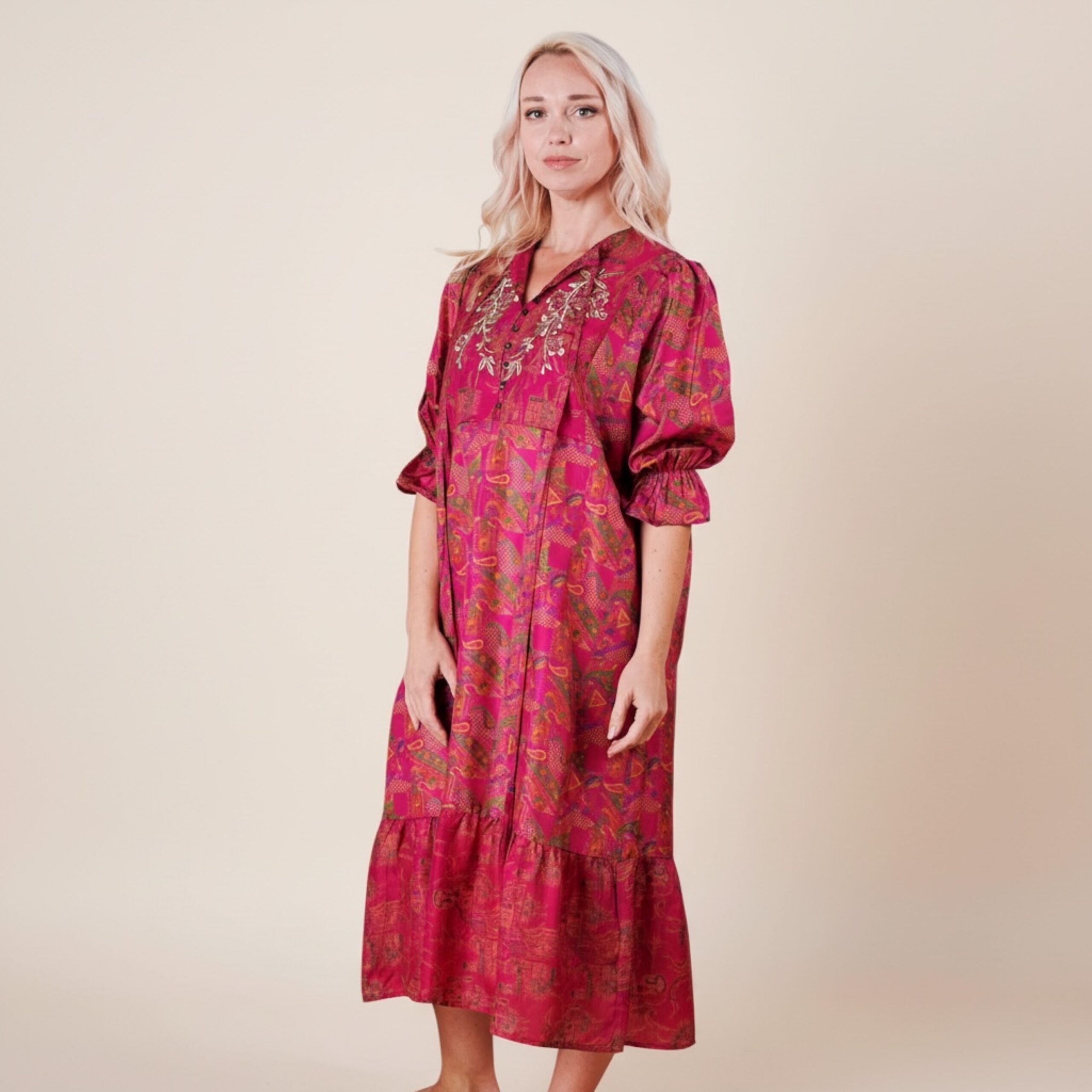 Yasmin Silk Print Embroidered Dress 12