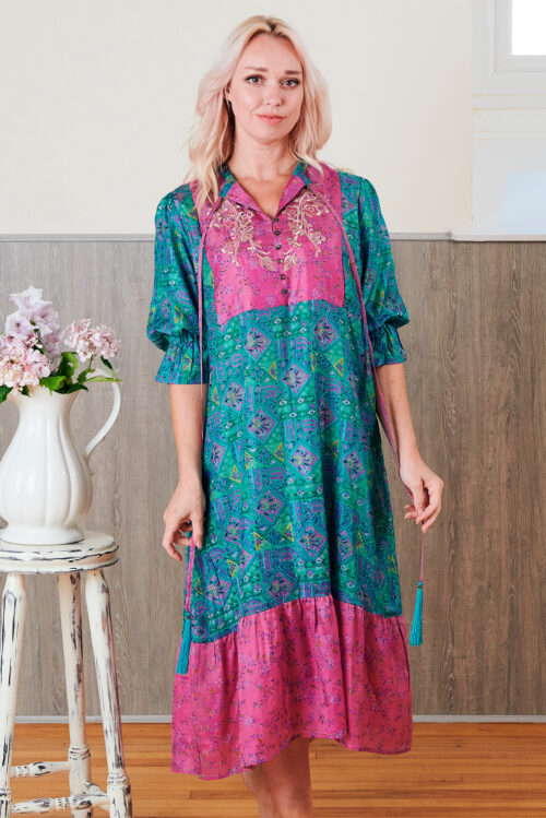 Yasmin Silk Print Embroidered Dress 04