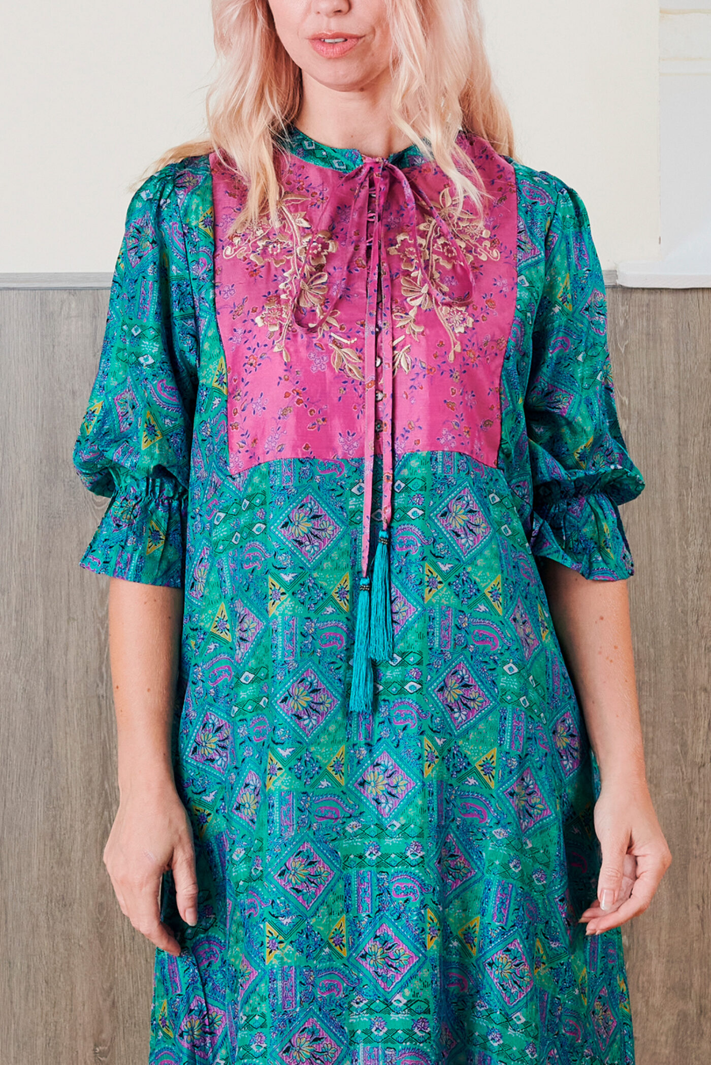 Yasmin Silk Print Embroidered Dress 04