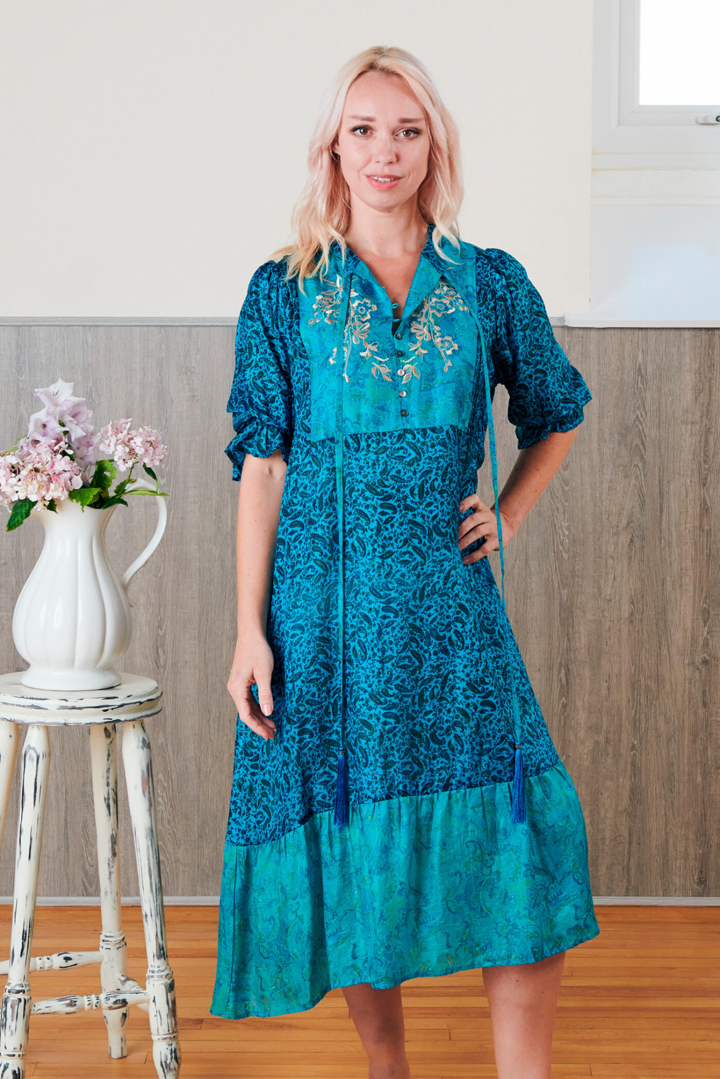 Yasmin Silk Print Embroidered Dress 06